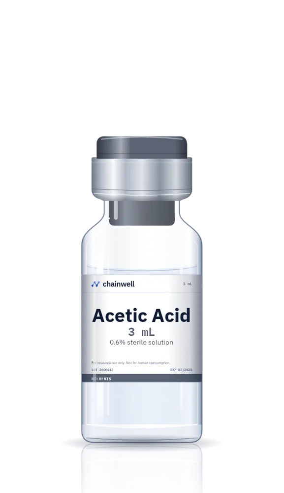 Acetic acid 0.6% sterile solution in a 3 mL clear glass vial with grey flip-off cap and white Chainwell Peptide label