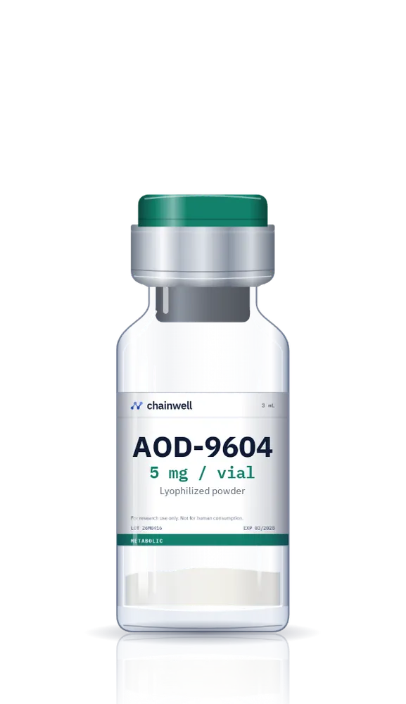 AOD-9604 5 mg lyophilized peptide vial with green flip-off cap and white Chainwell Peptide label