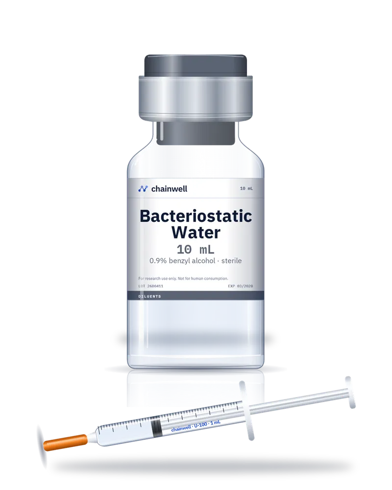 Bacteriostatic water 10 mL glass vial with grey flip-off cap and a U-100 insulin syringe with orange needle cap