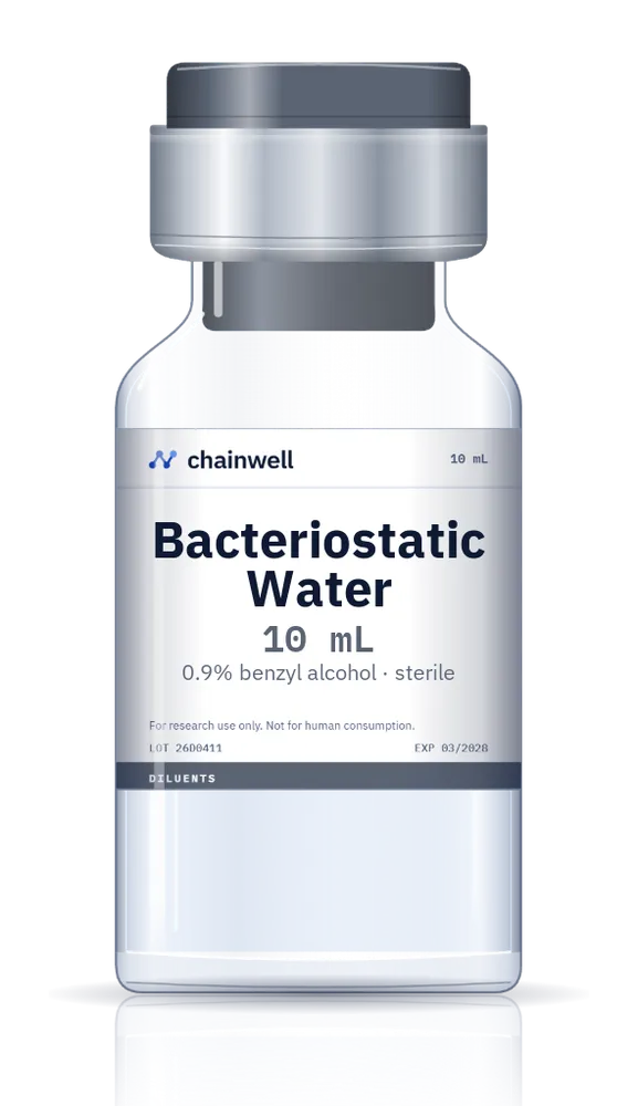 Bacteriostatic water 10 mL clear glass vial with grey flip-off cap and white Chainwell Peptide label
