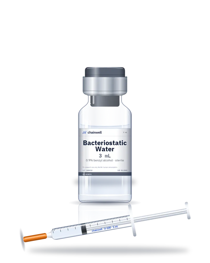 Bacteriostatic water 3 mL glass vial with grey flip-off cap and a U-100 insulin syringe with orange needle cap