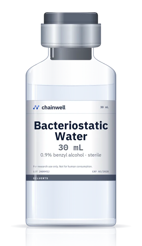 Bacteriostatic water 30 mL clear glass vial with grey flip-off cap and white Chainwell Peptide label