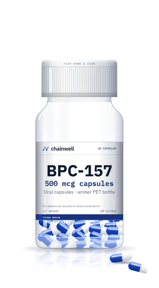 BPC-157 500 mcg capsule bottle, 60 capsules, with white child-resistant cap and blue and white capsules in front