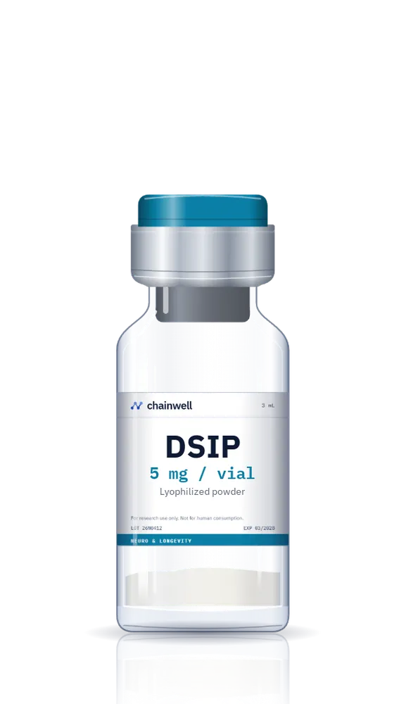DSIP 5 mg lyophilized peptide vial with teal flip-off cap and white Chainwell Peptide label