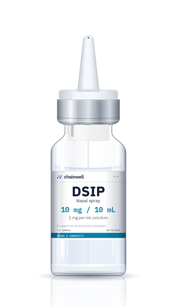DSIP 10 mL nasal spray bottle with white pump actuator, silver collar and white Chainwell Peptide label