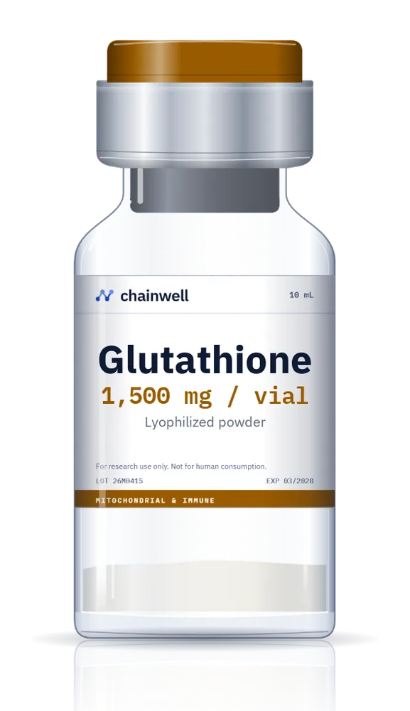 Glutathione 1,500 mg lyophilized powder in a 10 mL glass vial with amber flip-off cap and white Chainwell Peptide label