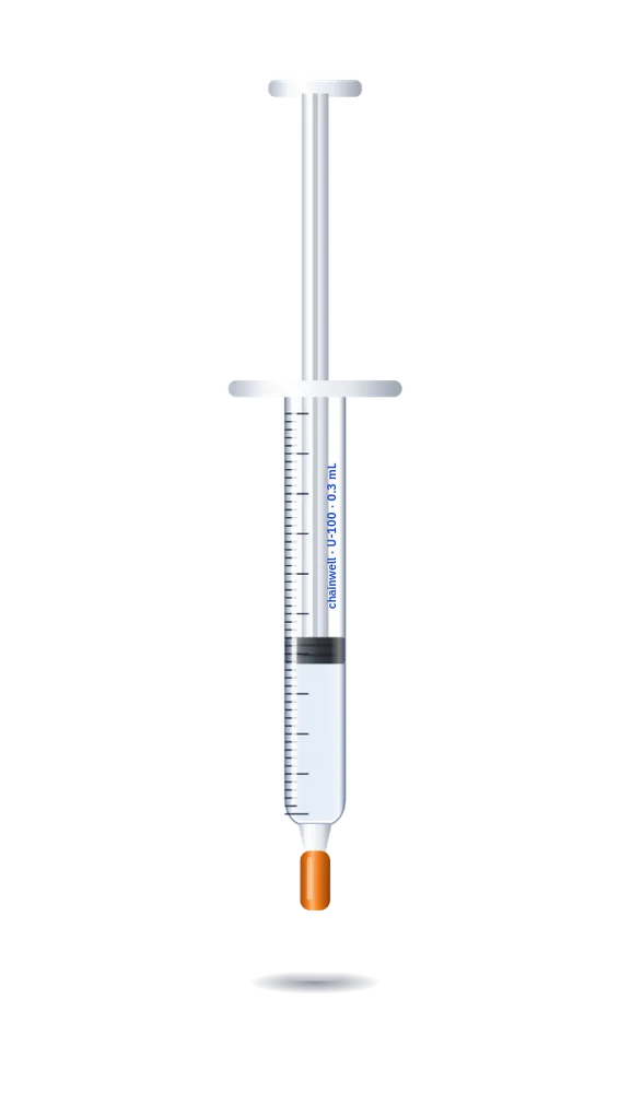 U-100 0.3 mL insulin syringe with 31G 6mm needle and short orange needle cap