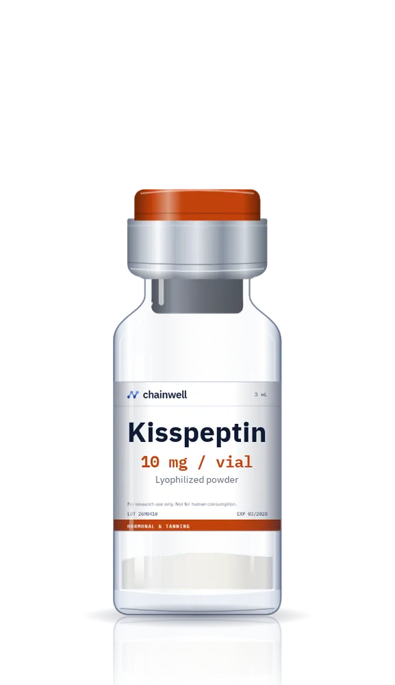 Kisspeptin 10 mg lyophilized peptide vial with orange flip-off cap and white Chainwell Peptide label