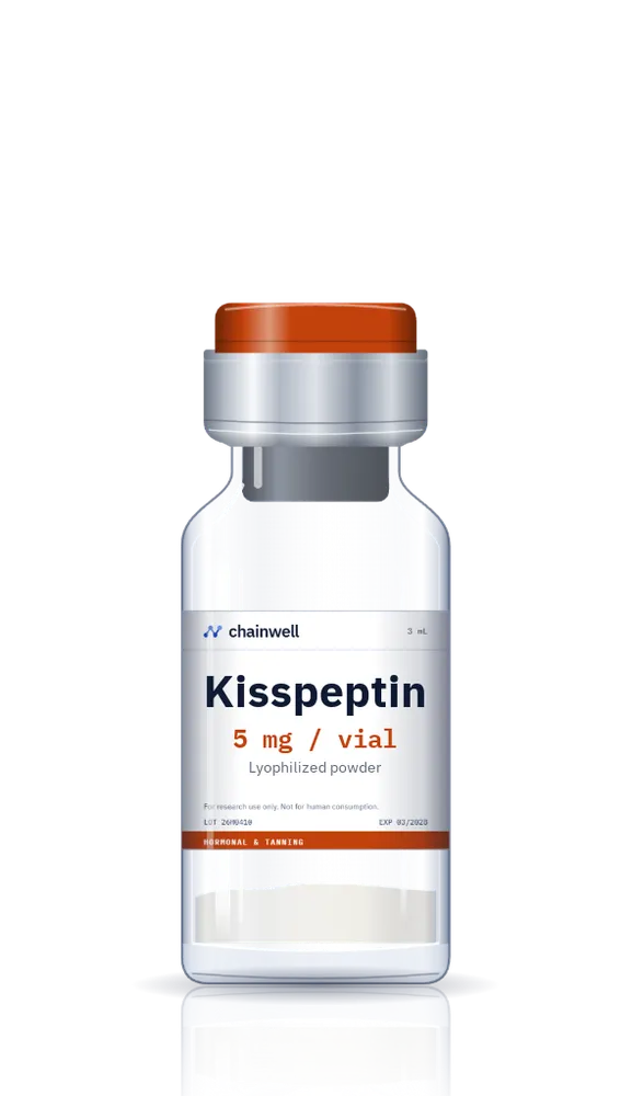 Kisspeptin 5 mg lyophilized peptide vial with orange flip-off cap and white Chainwell Peptide label