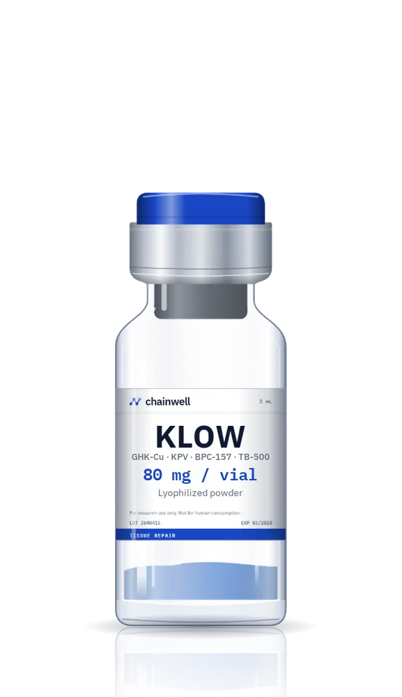 KLOW 80 mg blend vial of blue lyophilized peptide powder with blue flip-off cap and white Chainwell Peptide label