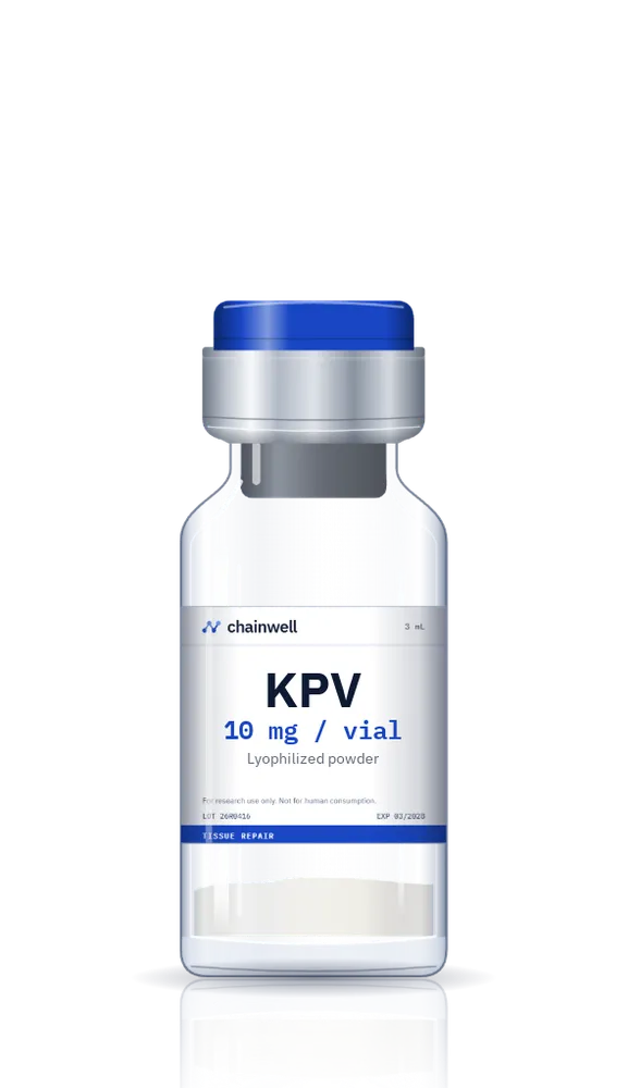 KPV 10 mg lyophilized peptide vial with blue flip-off cap and white Chainwell Peptide label