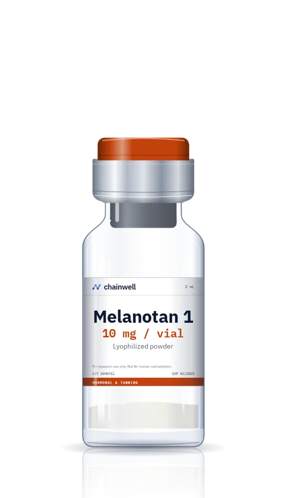 Melanotan 1 10 mg lyophilized peptide vial with orange flip-off cap and white Chainwell Peptide label