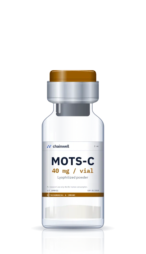 MOTS-C 40 mg lyophilized peptide vial with amber flip-off cap and white Chainwell Peptide label
