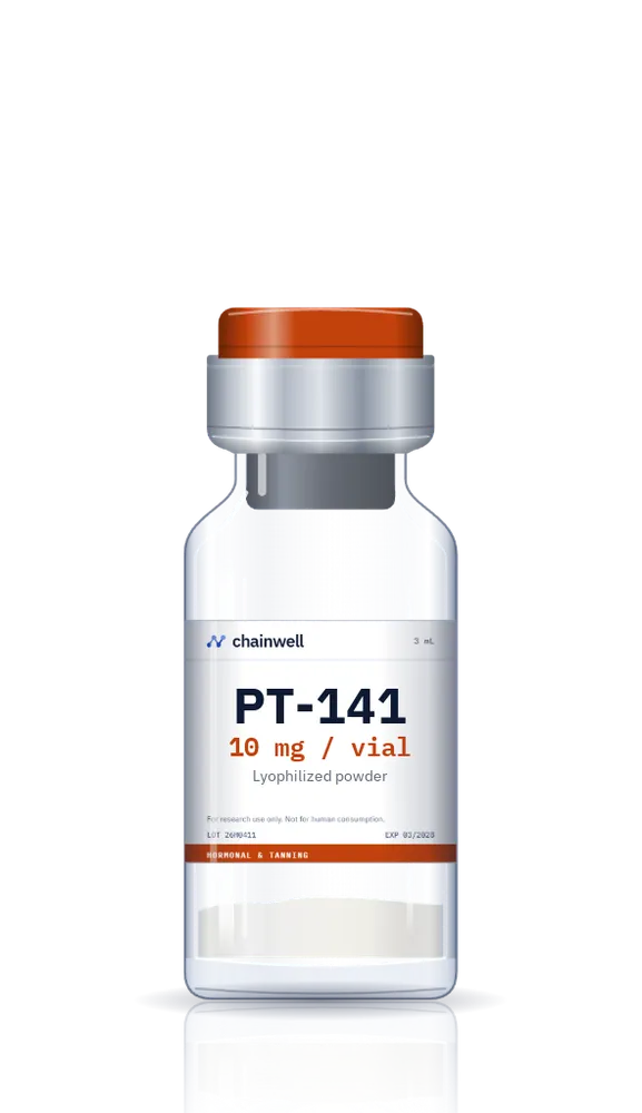 PT-141 10 mg lyophilized peptide vial with orange flip-off cap and white Chainwell Peptide label