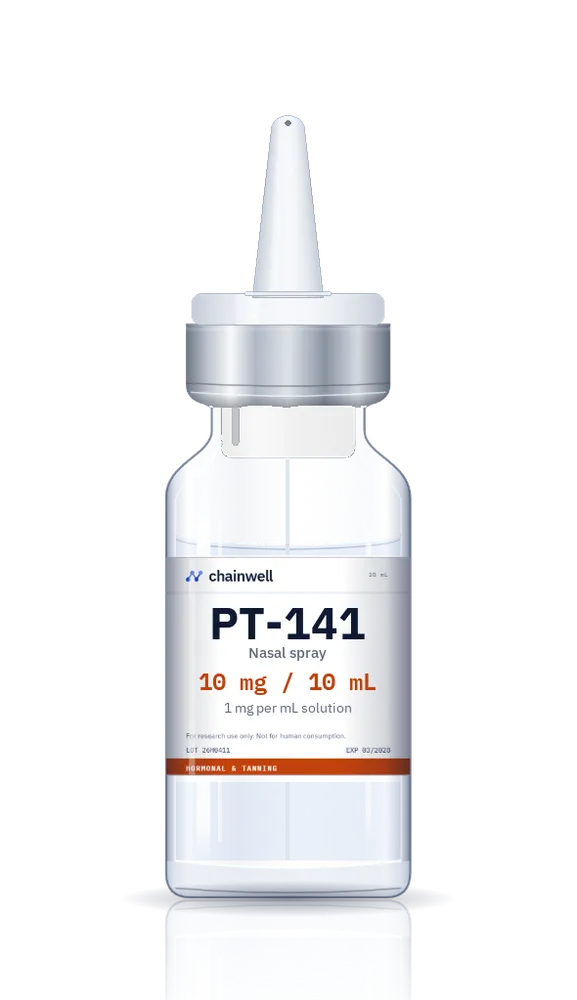 PT-141 10 mL nasal spray bottle with white pump actuator, silver collar and white Chainwell Peptide label