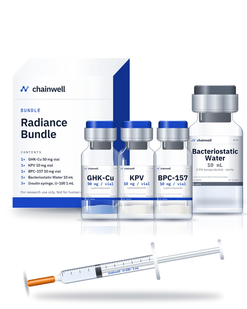 Radiance Bundle carton with GHK-Cu, KPV and BPC-157 vials, a 10 mL bacteriostatic water vial and a U-100 insulin syringe