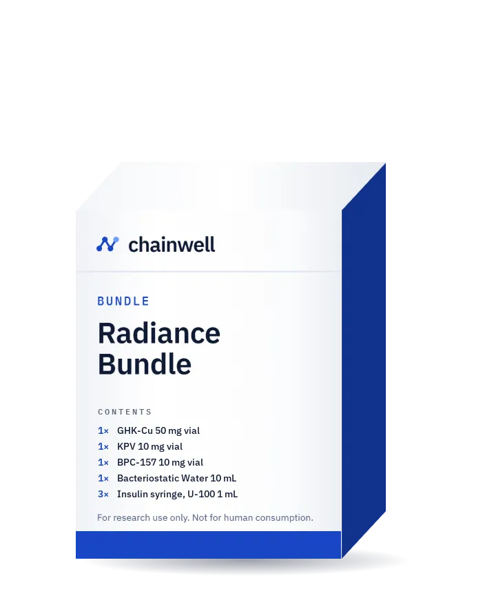 White and blue Chainwell Peptide carton labelled Radiance Bundle with its contents list