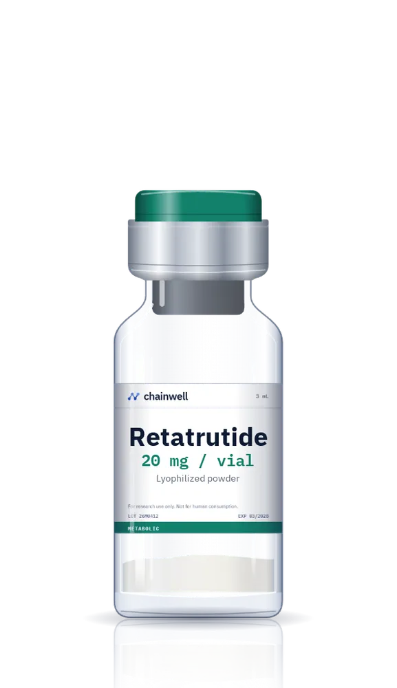 Retatrutide 20 mg lyophilized peptide vial with green flip-off cap and white Chainwell Peptide label