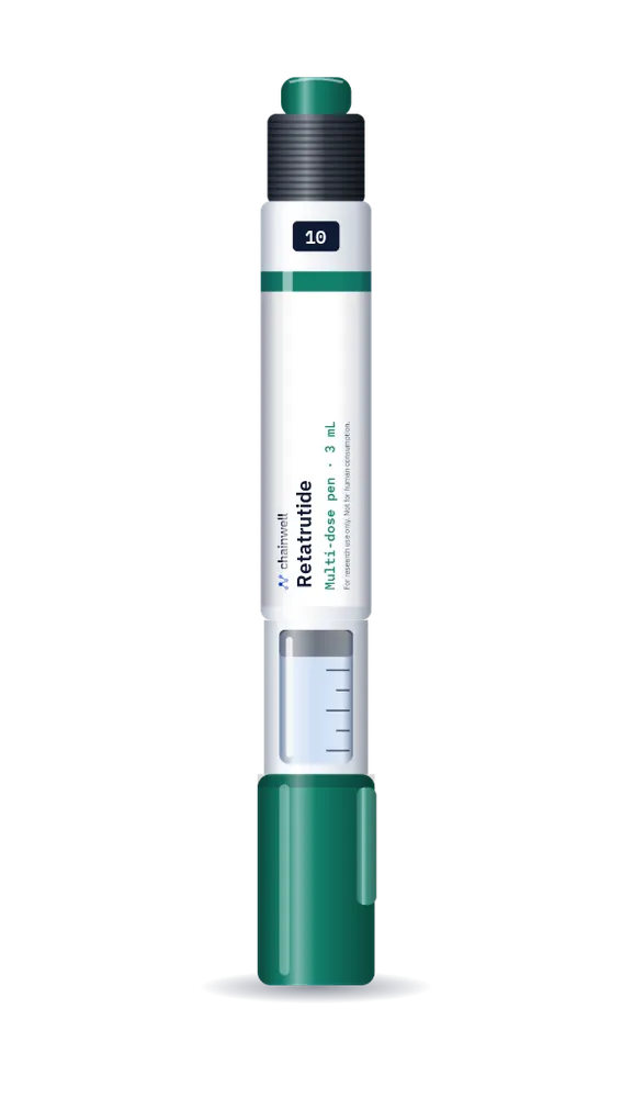 Retatrutide 10 mg multi-dose pen, 3 mL, with green cap and white Chainwell Peptide label