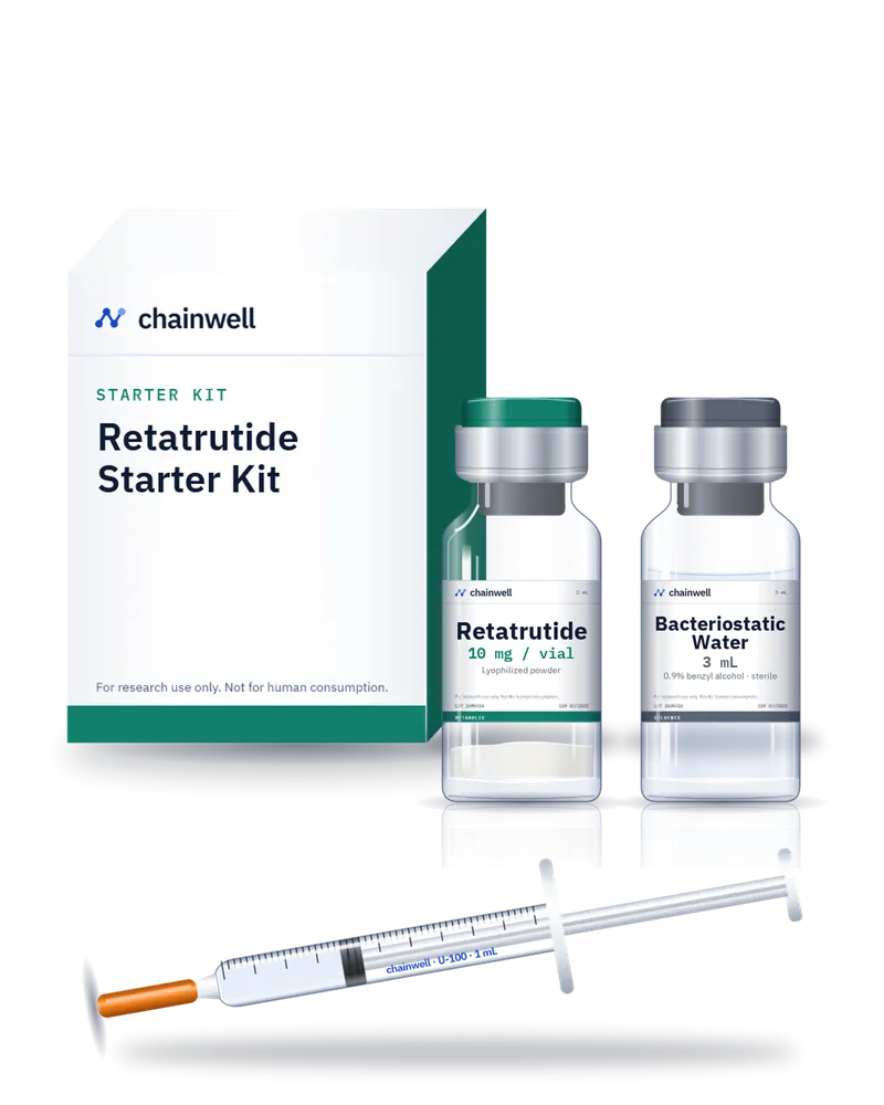 Retatrutide Starter Kit carton with a Retatrutide 10 mg vial, a 3 mL bacteriostatic water vial and a U-100 insulin syringe