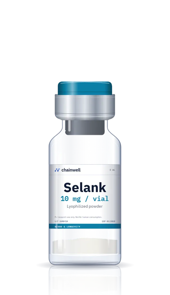Selank 10 mg lyophilized peptide vial with teal flip-off cap and white Chainwell Peptide label