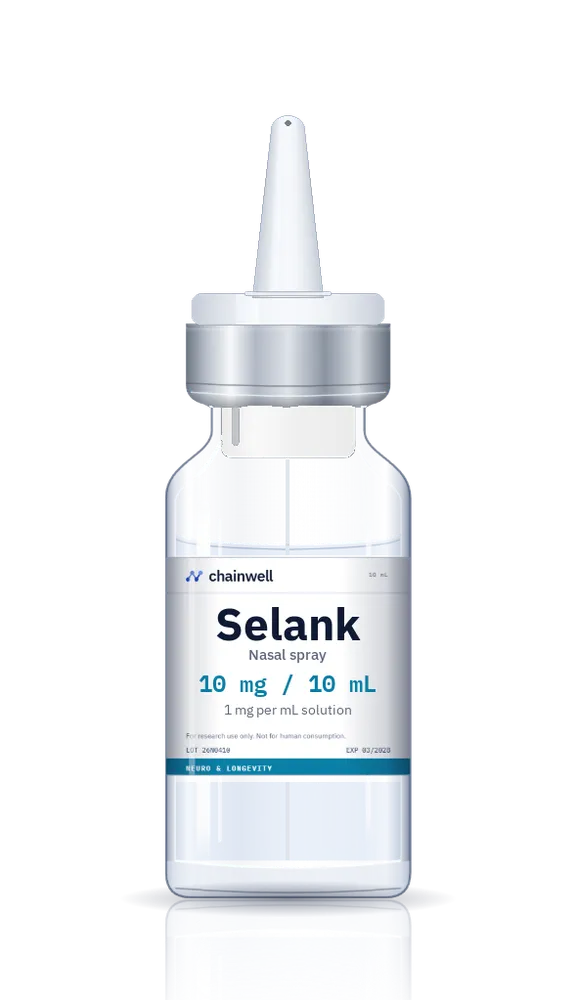 Selank 10 mL nasal spray bottle with white pump actuator, silver collar and white Chainwell Peptide label