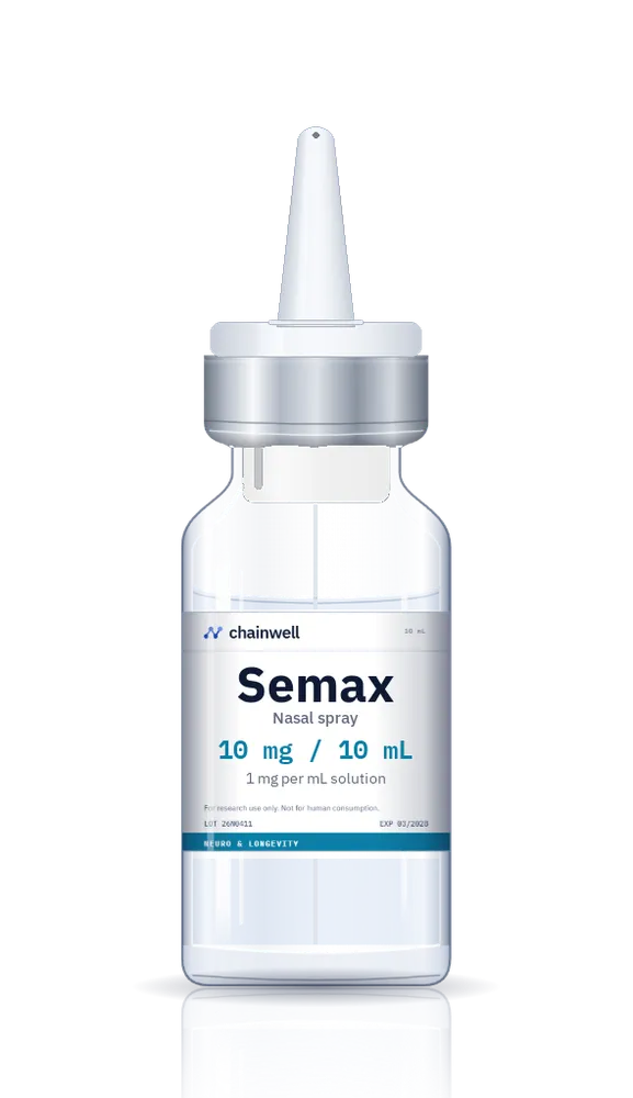 Semax 10 mL nasal spray bottle with white pump actuator, silver collar and white Chainwell Peptide label