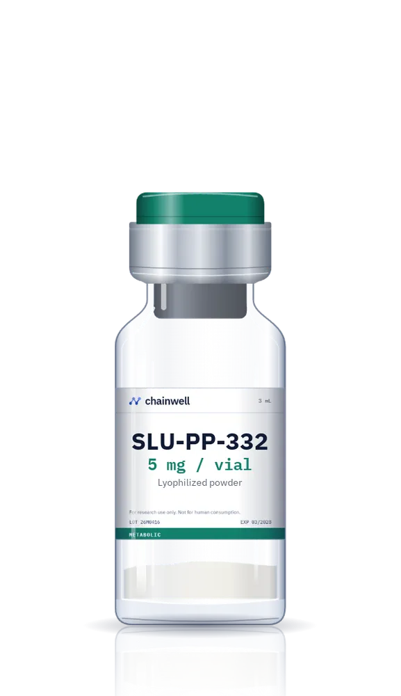 SLU-PP-332 5 mg lyophilized research vial with green flip-off cap and white Chainwell Peptide label