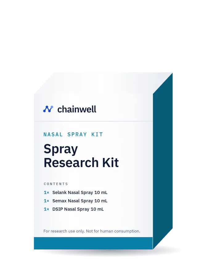 White and teal Chainwell Peptide carton labelled Spray Research Kit with its contents list