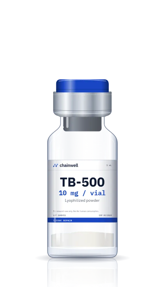 TB-500 10 mg lyophilized peptide vial with blue flip-off cap and white Chainwell Peptide label