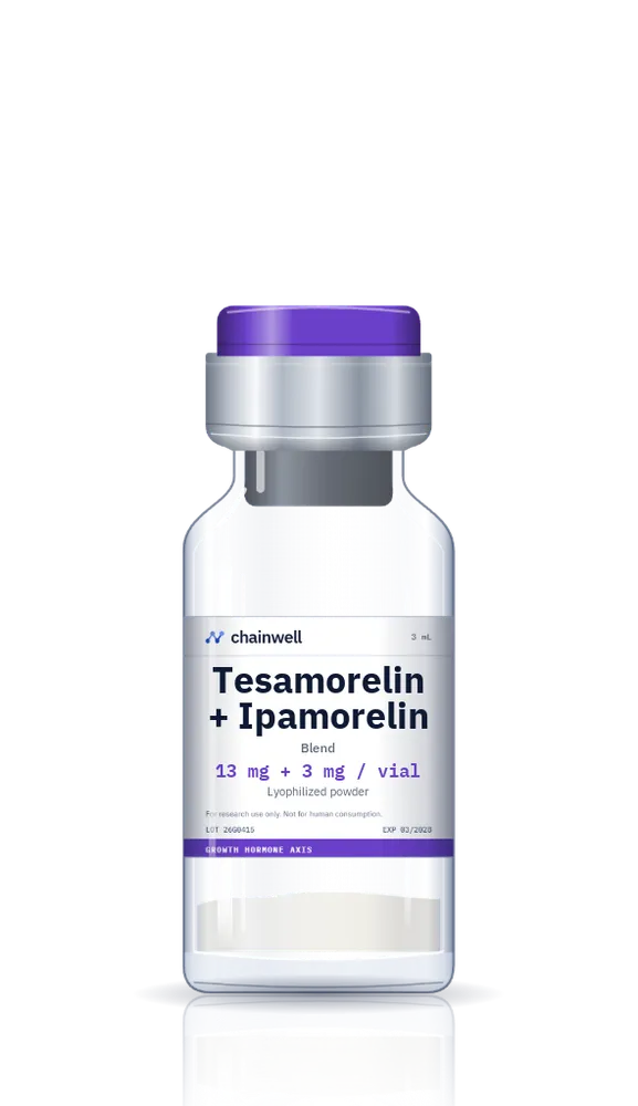 Tesamorelin and ipamorelin blend 13 mg plus 3 mg lyophilized peptide vial with purple flip-off cap and white Chainwell Peptide label